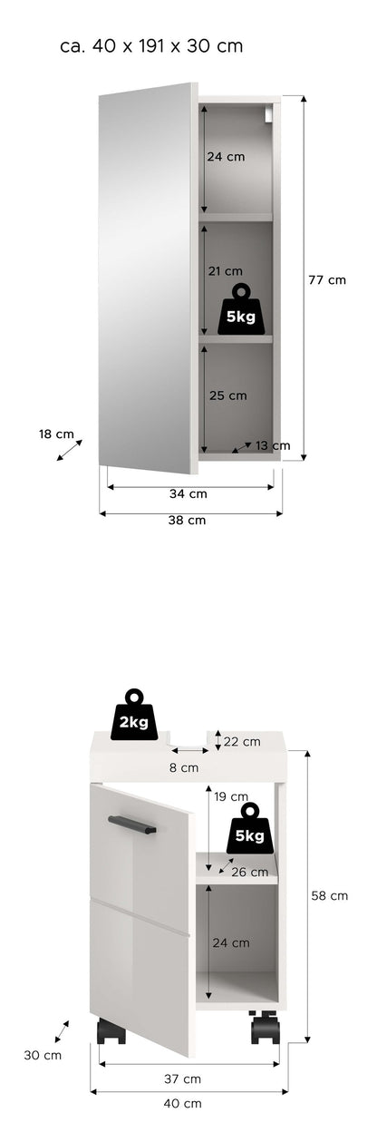 Ensemble de salle de bain NOVA (l/h/p : env. 40/191/30 cm) en blanc/blanc brillant