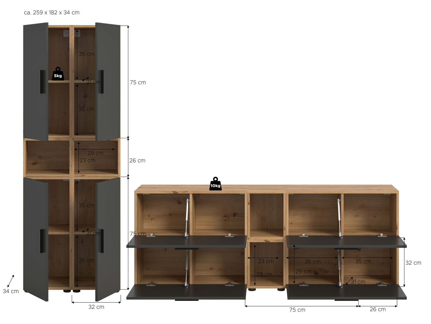 Homes & Jones Wohnwand 4-tlg. TV Möbel Modular Lowboard, Wohnzimmerschrank