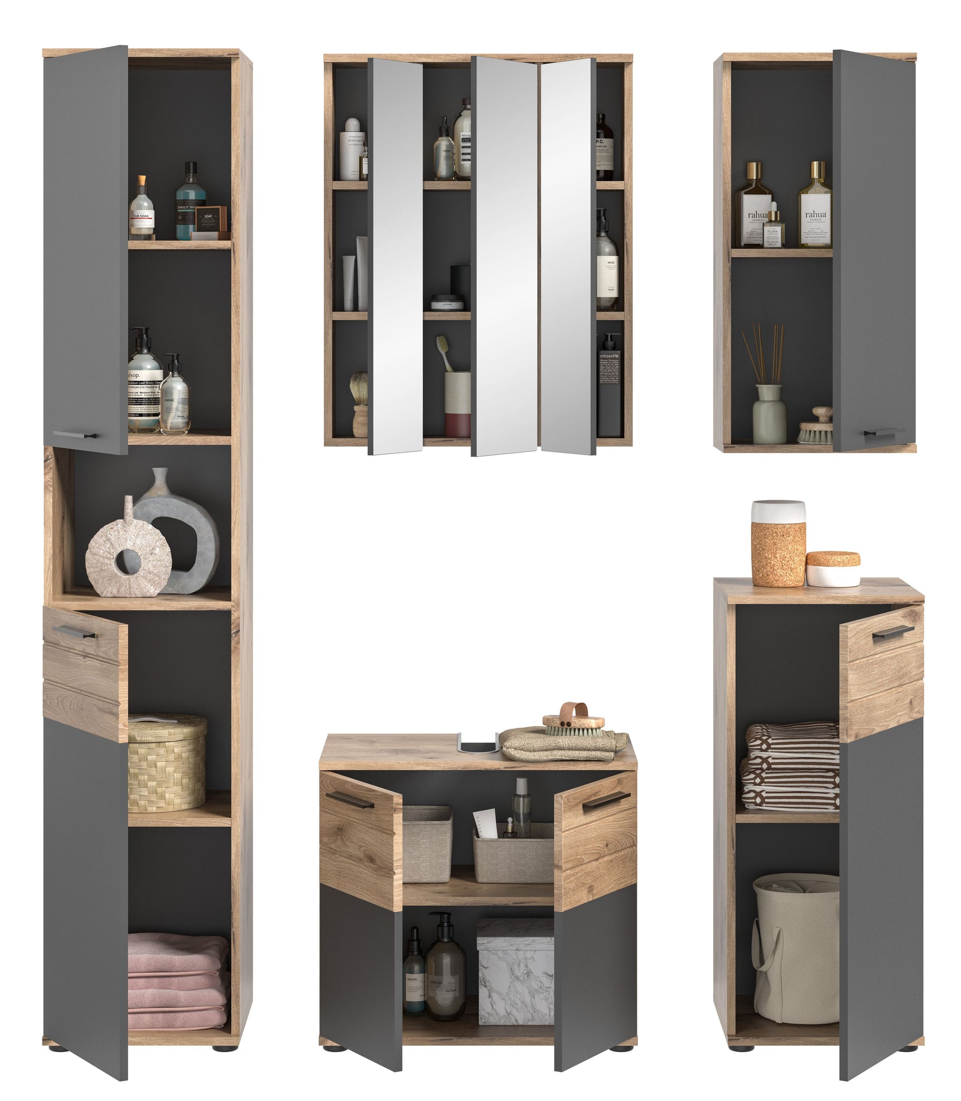 Badmöbel-Set mit Hochschränken mit offenen Regalen, Spiegelschrank und Waschtisch, Holz/Grau