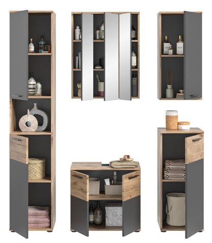 Badmöbel-Set mit Hochschränken mit offenen Regalen, Spiegelschrank und Waschtisch, Holz/Grau