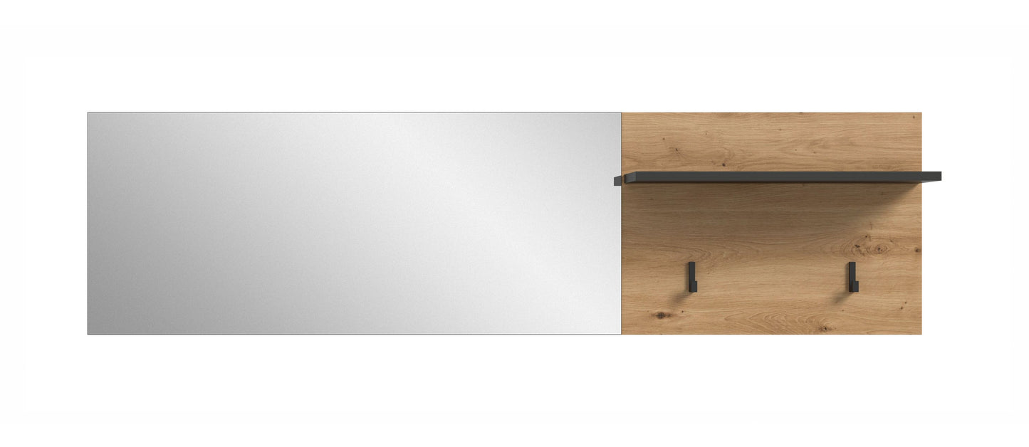 Garderobenpaneel mit Spiegelfläche, Hutablage aus Holzoptik und zwei Haken