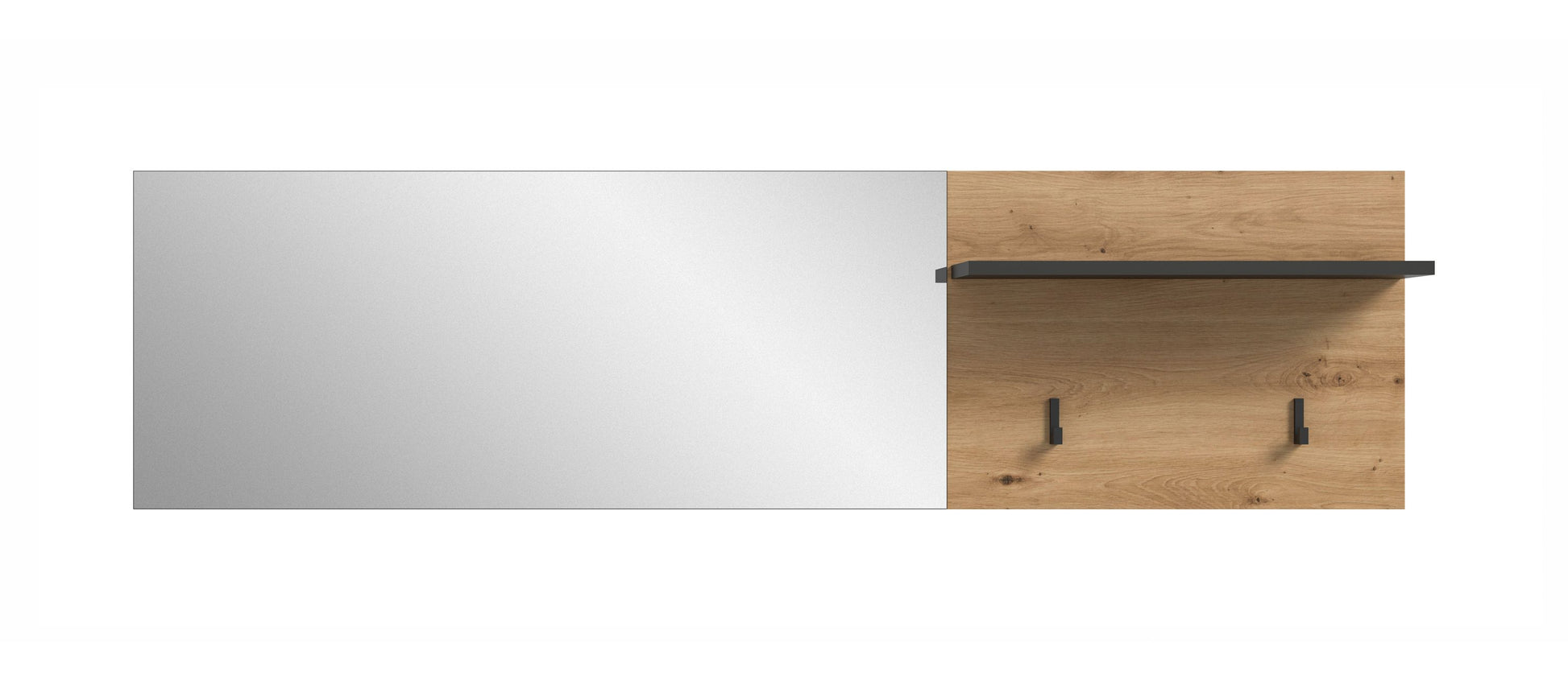 Garderobenpaneel mit Spiegelfläche, Hutablage aus Holzoptik und zwei Haken