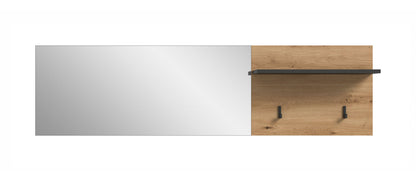 Garderobenpaneel mit Spiegelfläche, Hutablage aus Holzoptik und zwei Haken