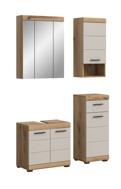 Badezimmerset 4-teilig: Spiegelschrank, Waschkommode und Hochschrank in Eiche-Holzoptik/Weiß
