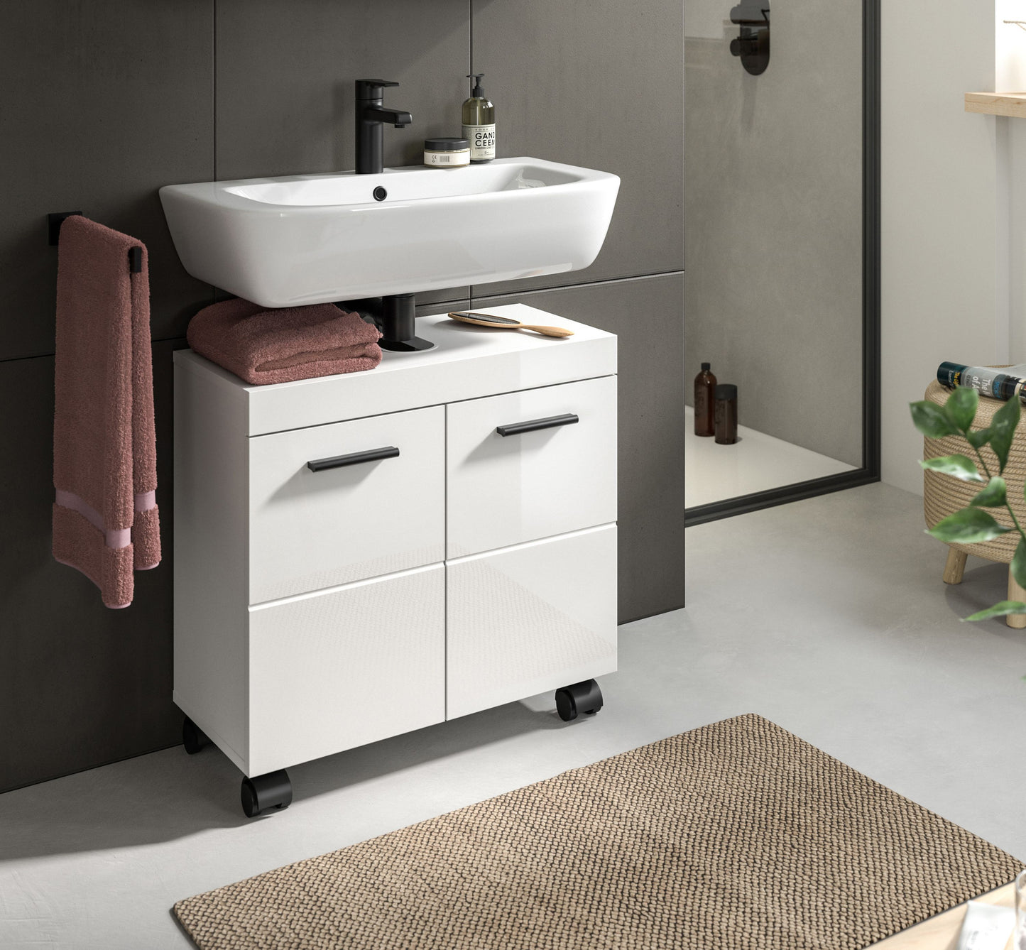 Meuble bas de lavabo à roulettes NOVA (L/H/P : env. 60/58/30 cm) en blanc/blanc brillant