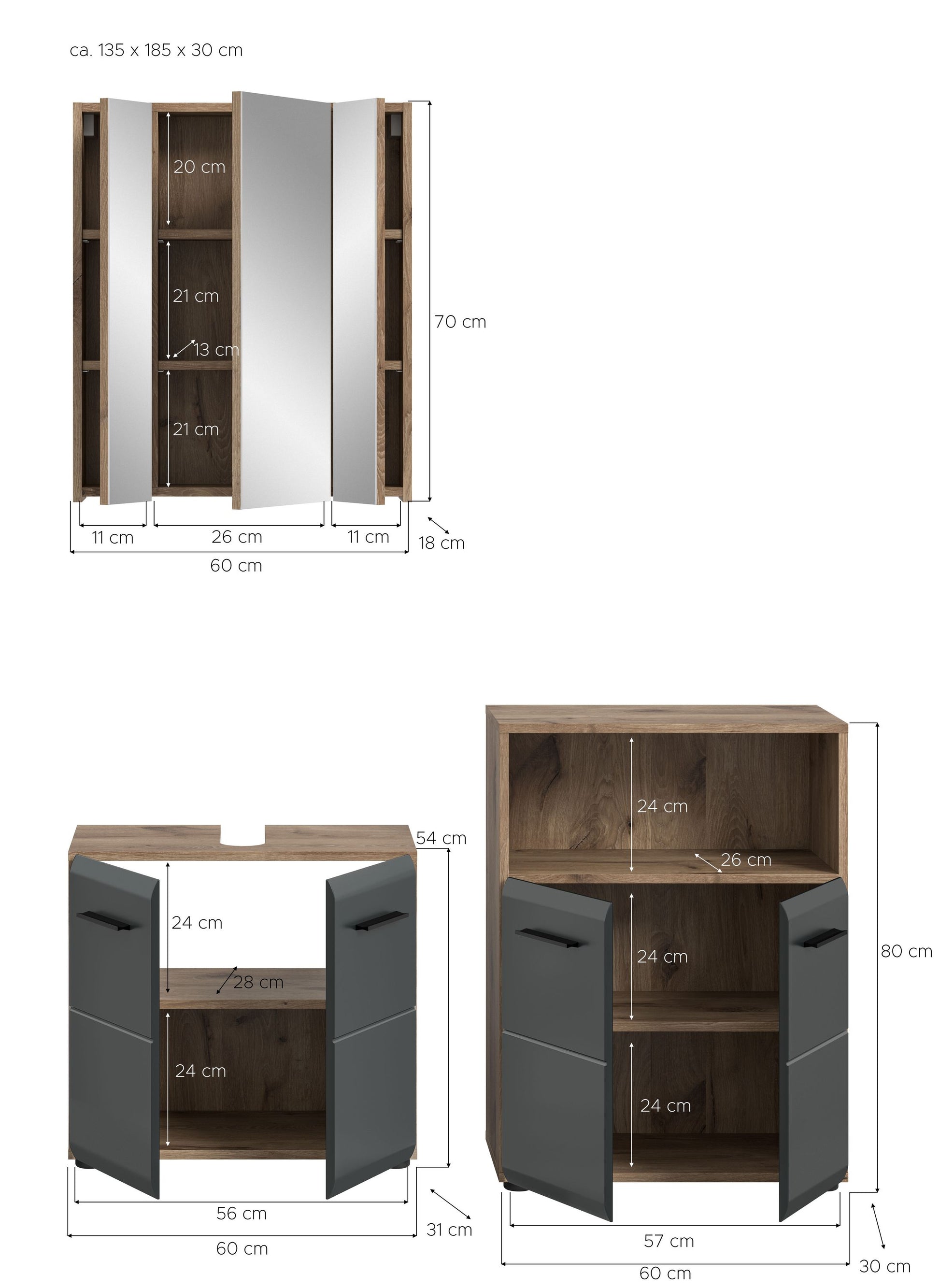Badezimmermöbel-Set mit Hochschrank und Unterschrank, offen mit Regalfächern, Holzoptik