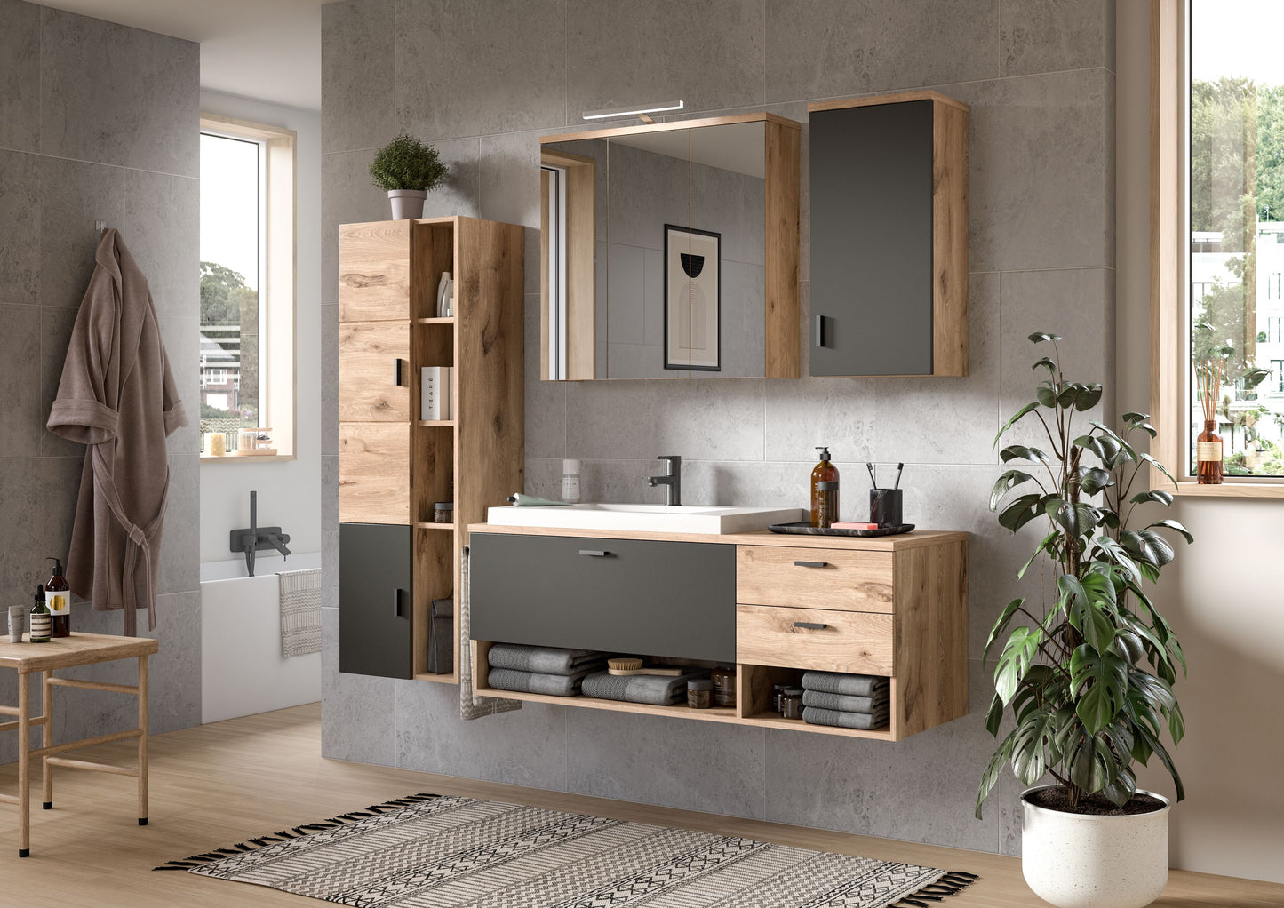 Armoire de toilette GRADO (L/H/P : env. 75/80/20 cm) en imitation Chêne Nox/façade miroir