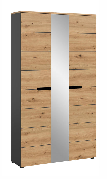 Garderobenschrank mit Mittelspiegel, Front in Eichenoptik, Schubladen und Kleiderstange