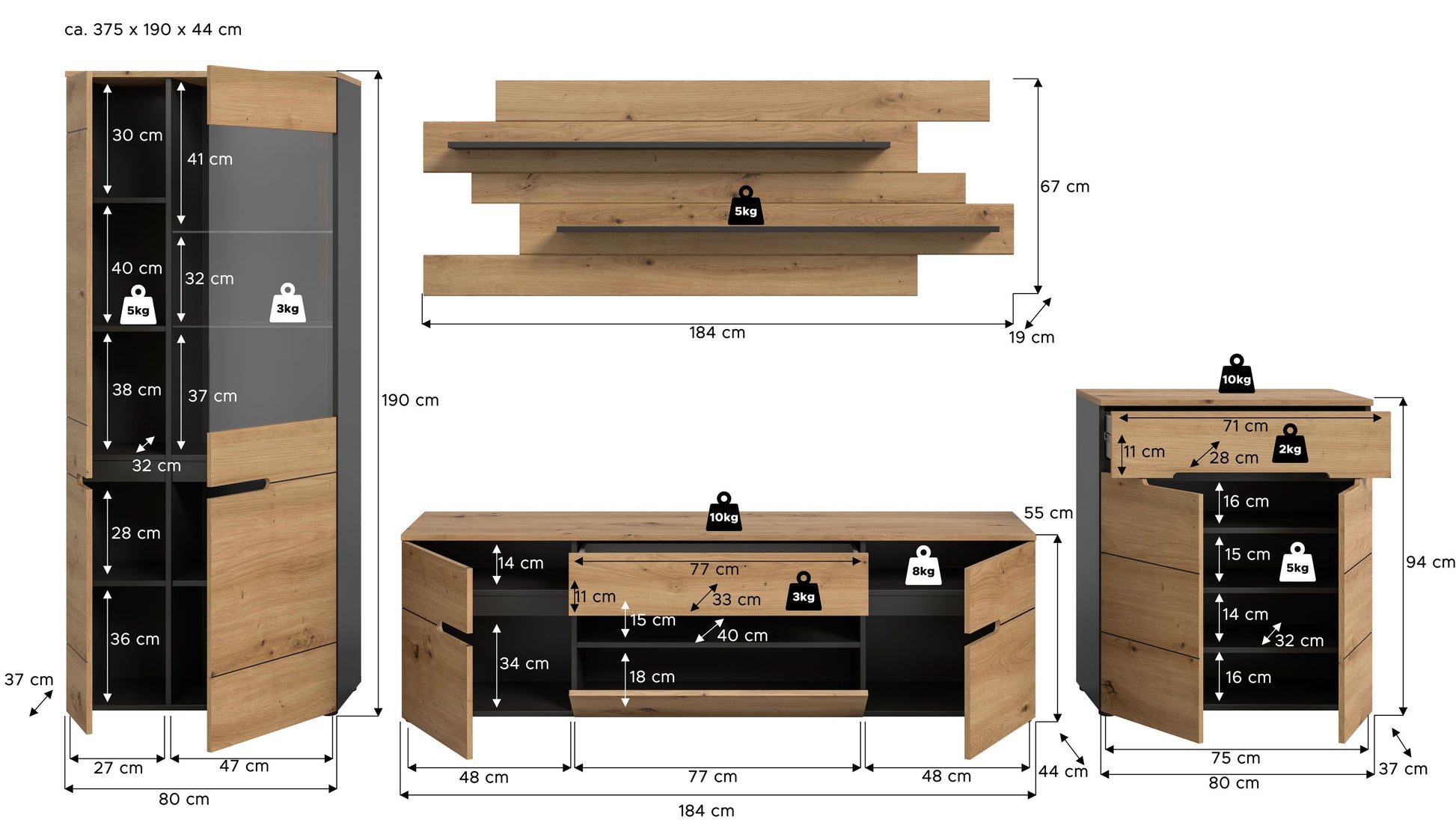 Wohnwand-Set in Holzoptik: TV-Lowboard, Vitrine und Schrank, Wandregale; braun mit grauen Flächen