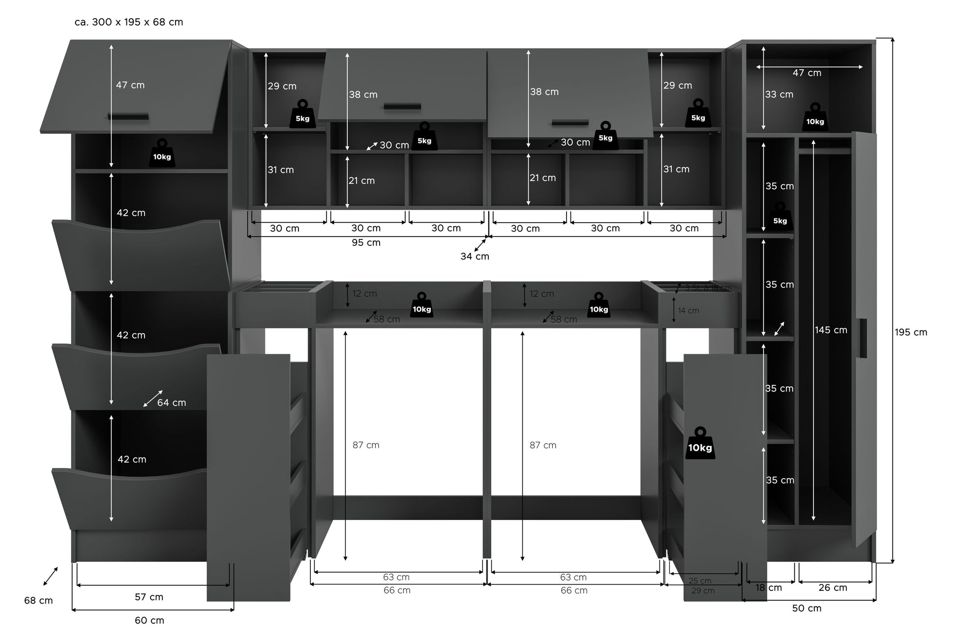 Homes & Jones Waschmaschinenschrank-Set 6-teilig mit Regalfächern und offenen Waschmaschinenbereichen