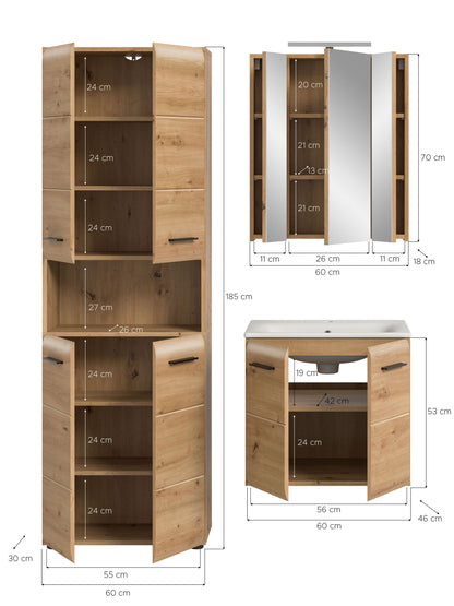 5-tlg. Badezimmermöbel-Set in hellem Holzlook mit Maßangaben an Schrank und Waschtisch