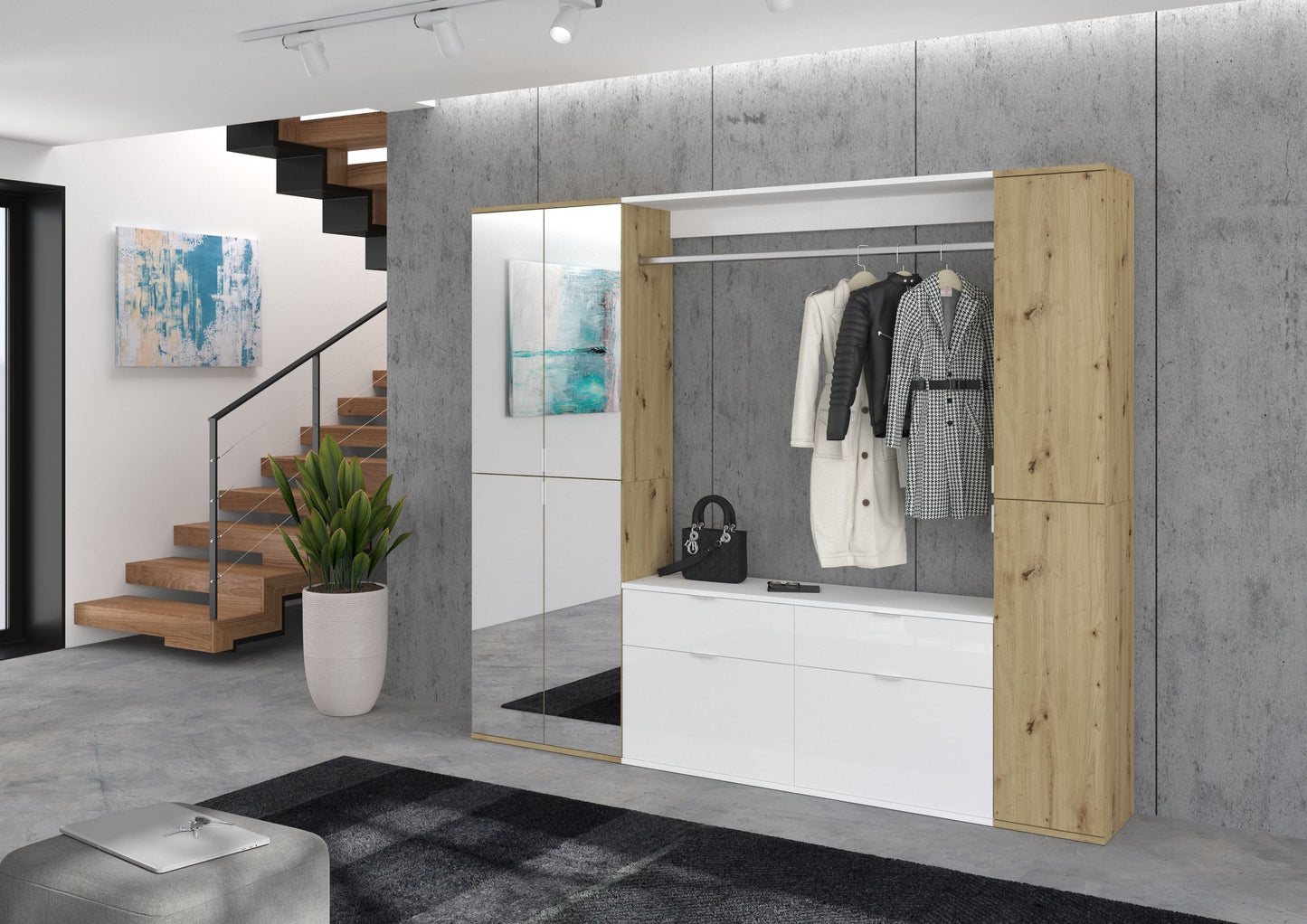 Garderobenschrank mit Kleiderbereich und Spiegel, weißer Korpus mit Artisan-Eiche-Seitenteil