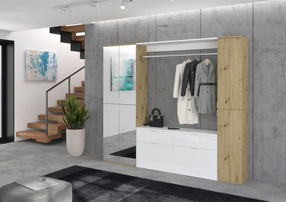 Garderobenschrank mit Kleiderbereich und Spiegel, weißer Korpus mit Artisan-Eiche-Seitenteil