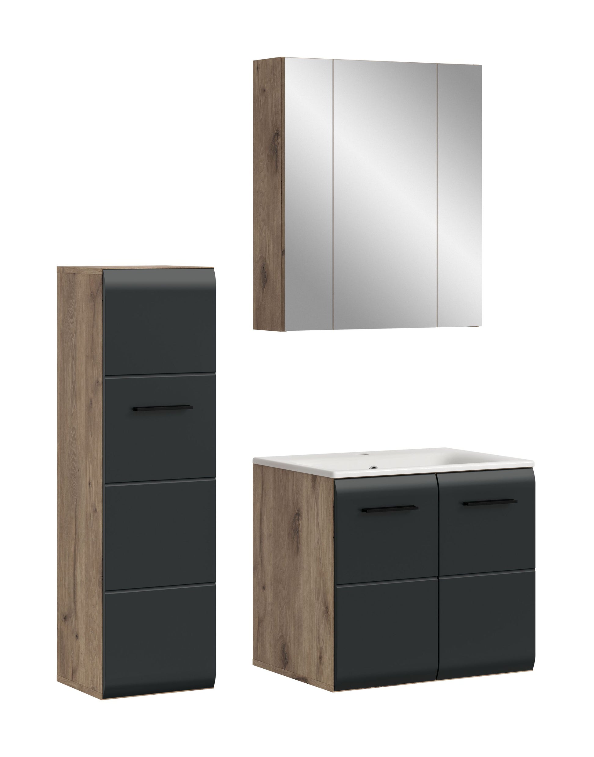Badezimmermöbel-Set 4-teilig: Spiegelschrank, Waschtisch-Unterschrank und Hochschrank in Eiche/dunkelgrau