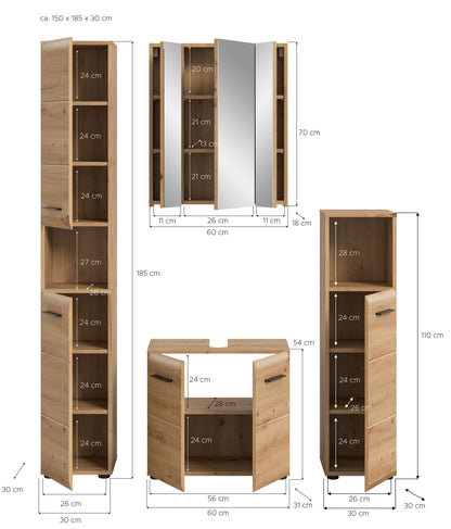Badezimmer-Set aus Holz mit offenen Fächern und Schubladen, hellbraun, 4-teilig