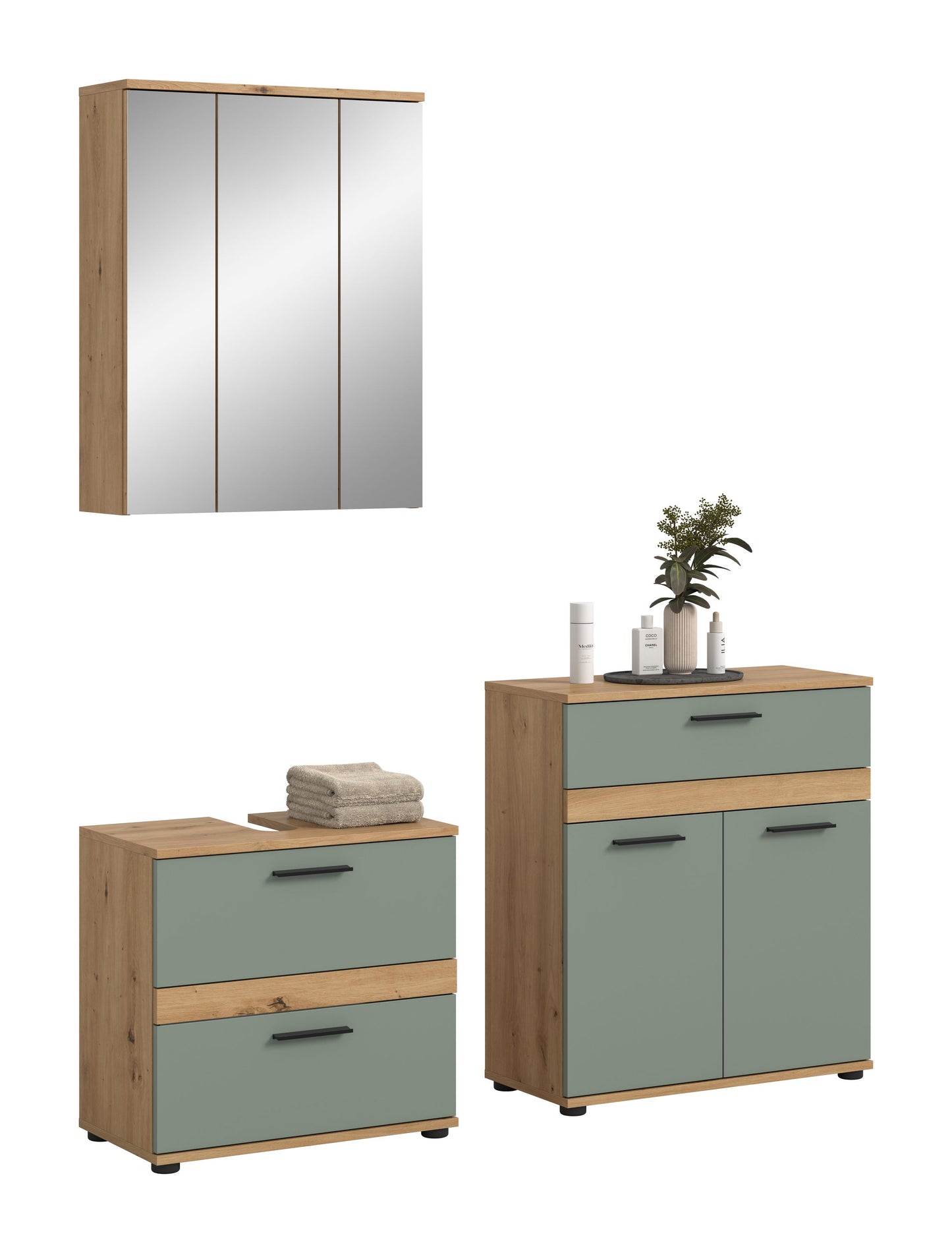 Badmöbel-Set mit Spiegelaufsatz und Waschtischunterschrank, helles Holz und graugrün