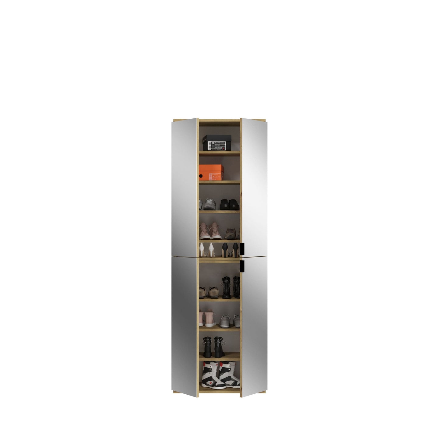 Schuhschrank mit Innenregalen, offenen Türen und Fächern, weiß mit Holzdetails