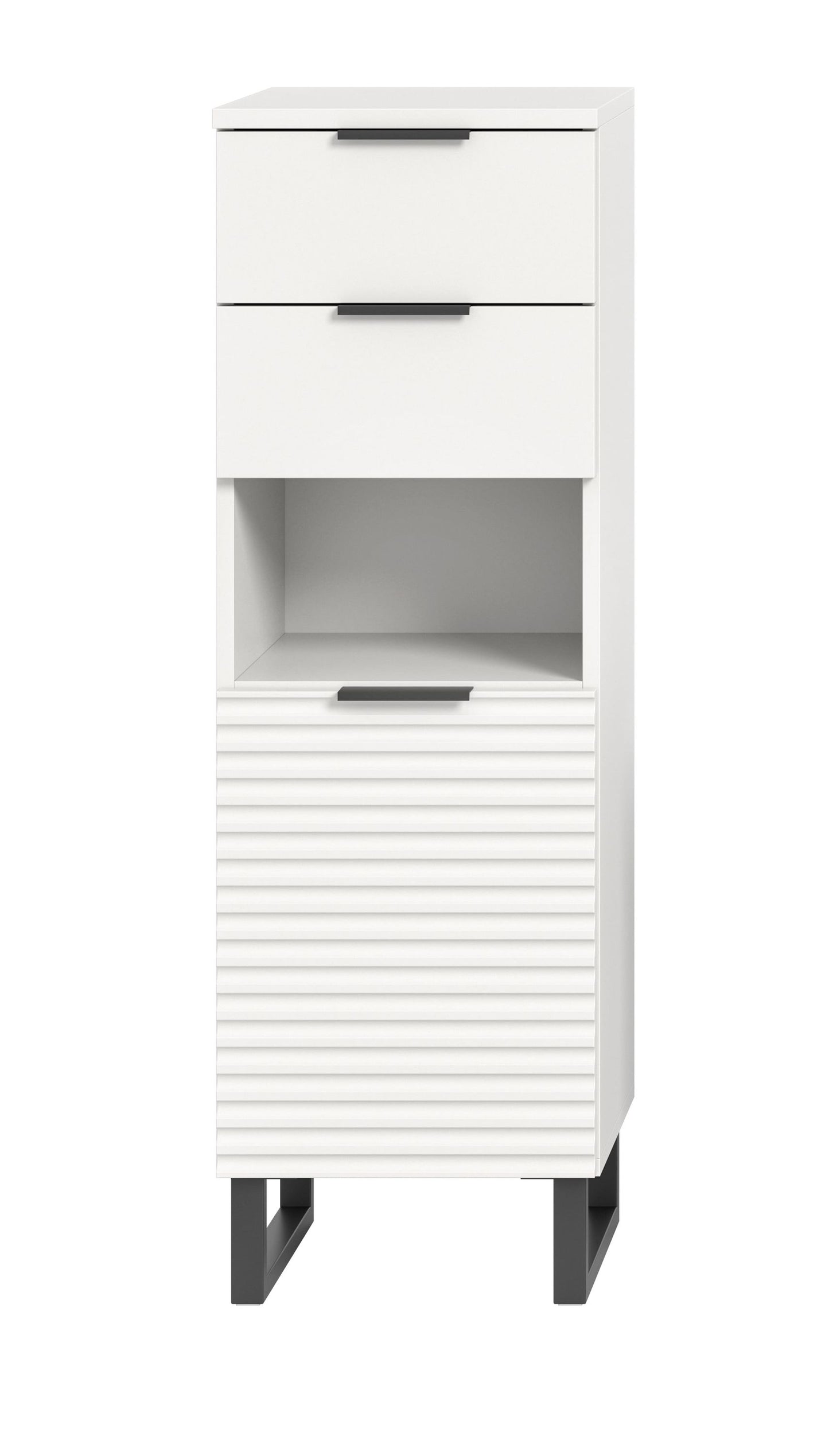 Weißer Badschrank mit Schublade, offenem Innenfach und geriffelter Fronttür