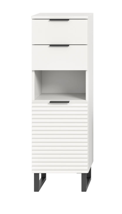 Weißer Badschrank mit Schublade, offenem Innenfach und geriffelter Fronttür