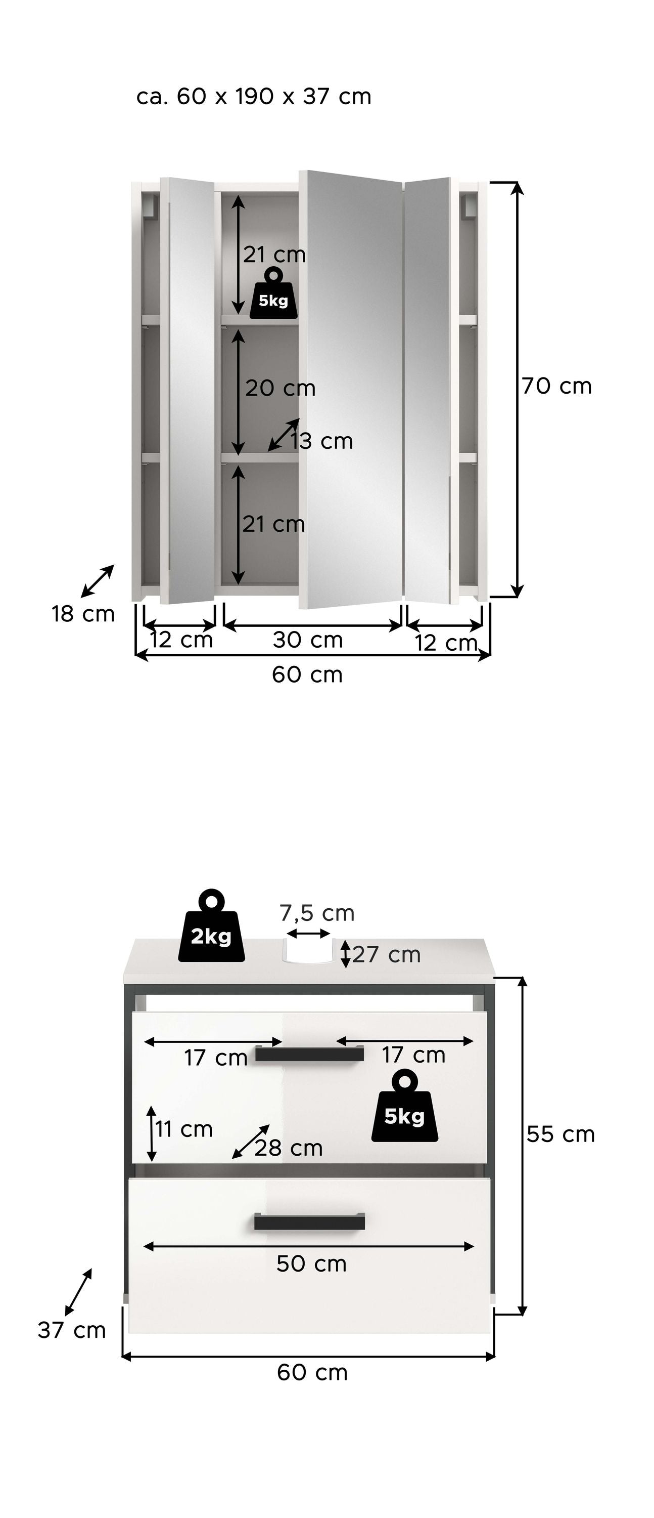 Badmöbelset mit Maßen ca. 60×190×37 cm, bestehend aus Spiegelschrank und Unterschrank