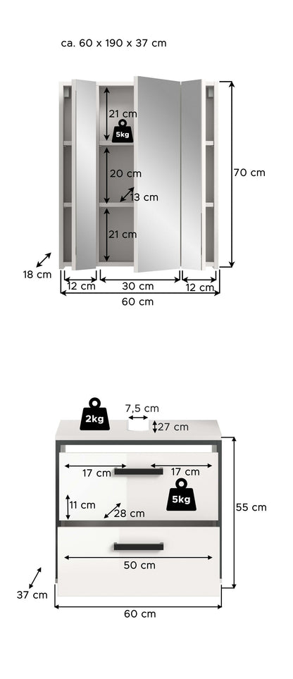 Badmöbelset mit Maßen ca. 60×190×37 cm, bestehend aus Spiegelschrank und Unterschrank