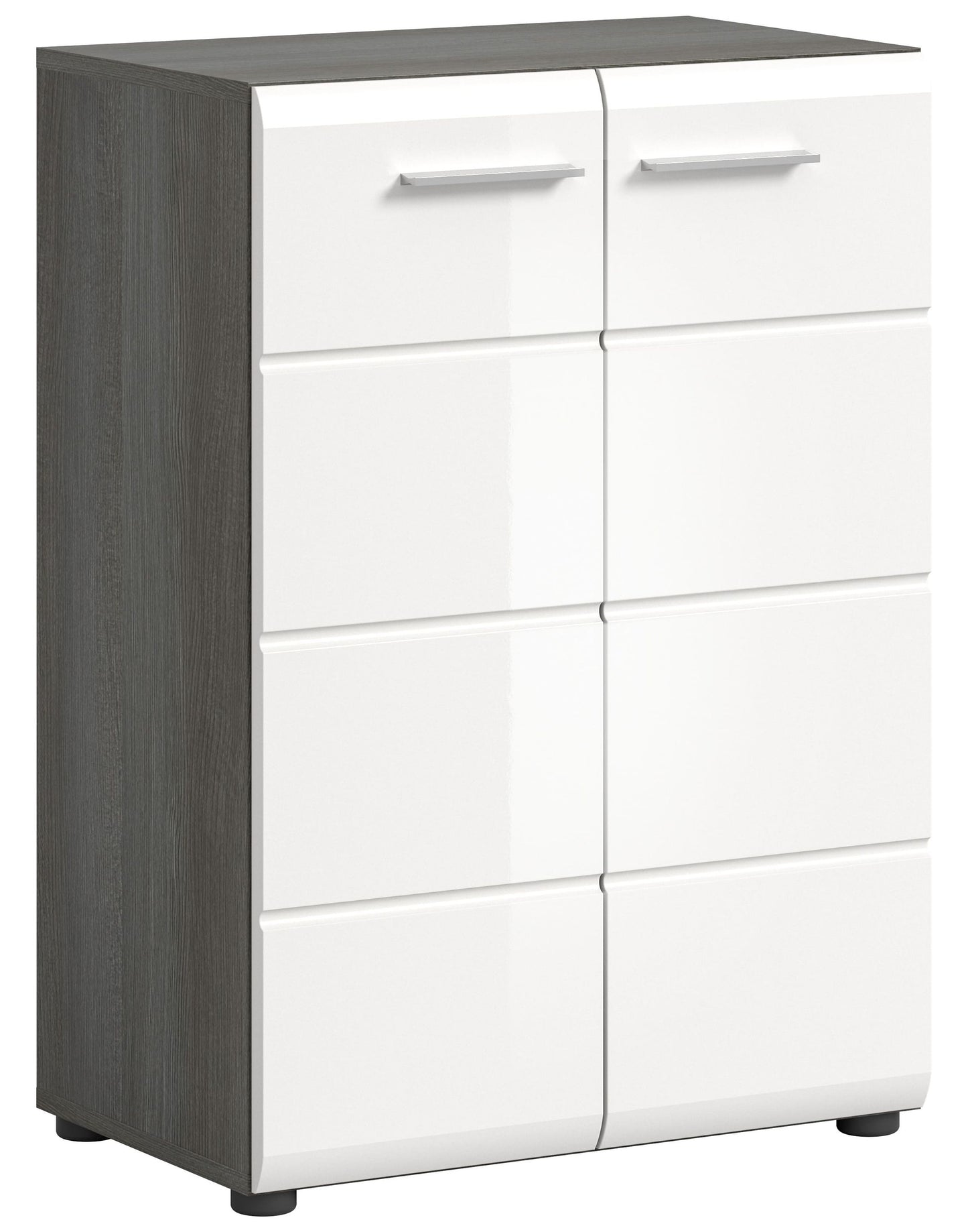Kommode mit weißer Hochglanzfront, 6 Fächer, seitliche Holzoptik und Metallgriffe