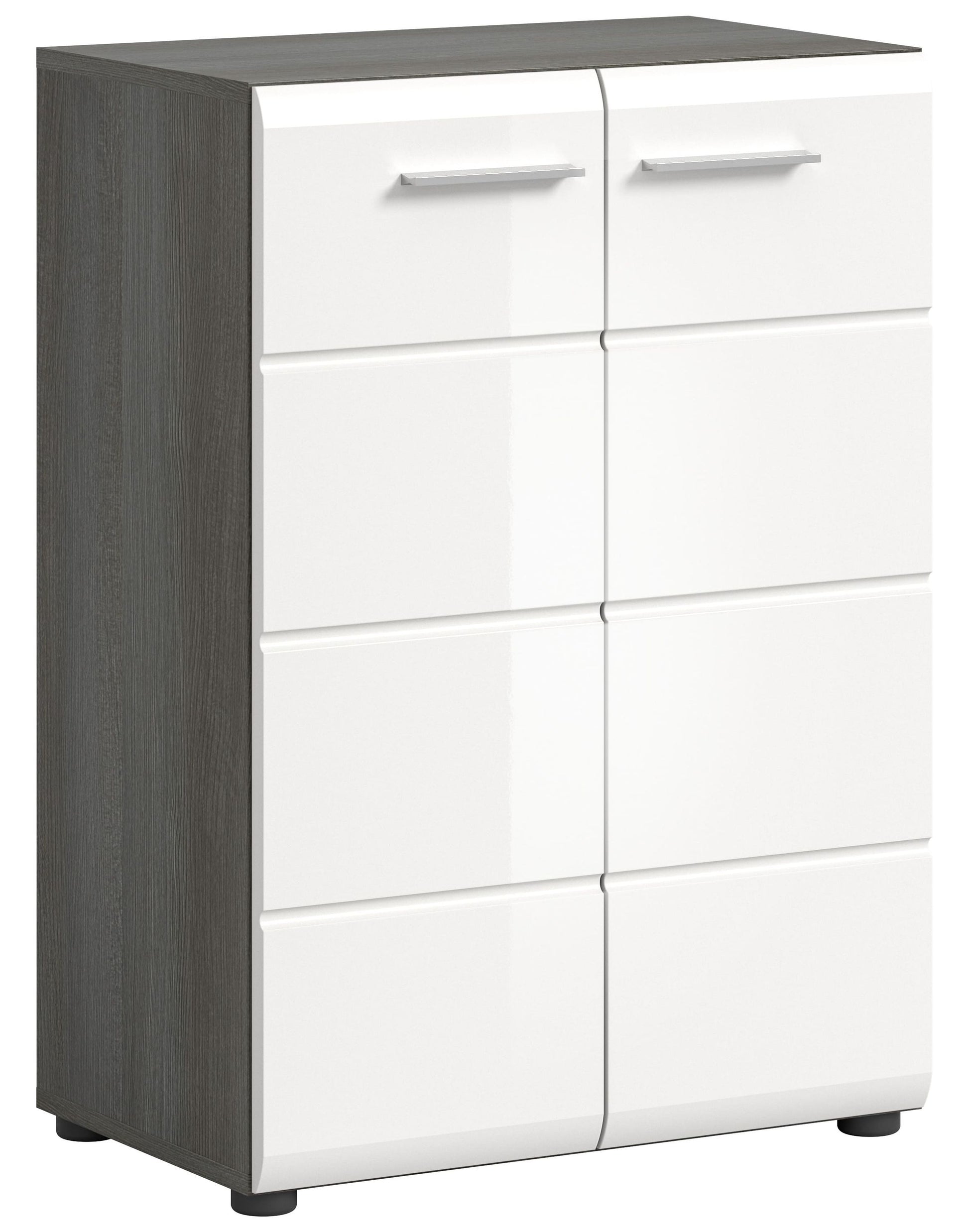 Kommode mit weißer Hochglanzfront, 6 Fächer, seitliche Holzoptik und Metallgriffe
