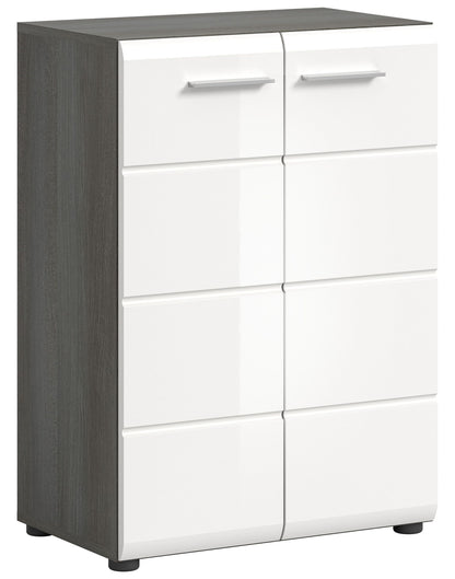 Kommode mit weißer Hochglanzfront, 6 Fächer, seitliche Holzoptik und Metallgriffe