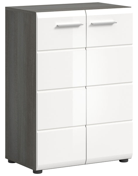 Commode SALSA (L/H/P : env. 60/85/37 cm) en imitation argent fumé/blanc brillant