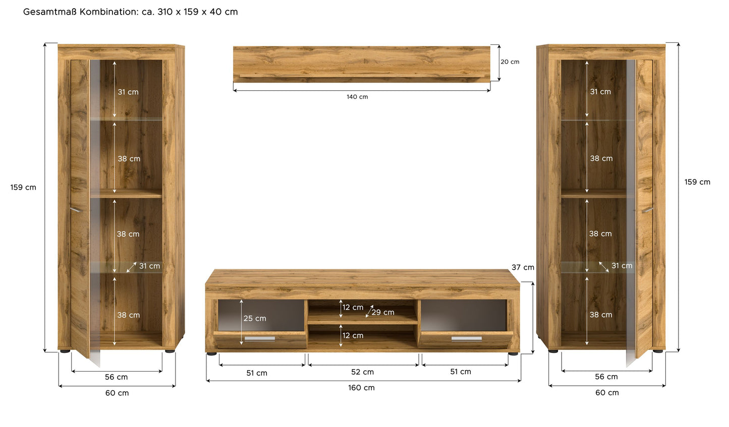 Ensemble meuble TV JAM (L/H/P : env. 310/159/40 cm) imitation chêne Wotan/gris