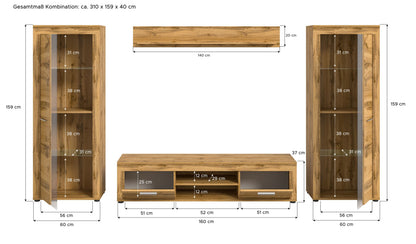 Ensemble meuble TV JAM (L/H/P : env. 310/159/40 cm) imitation chêne Wotan/gris