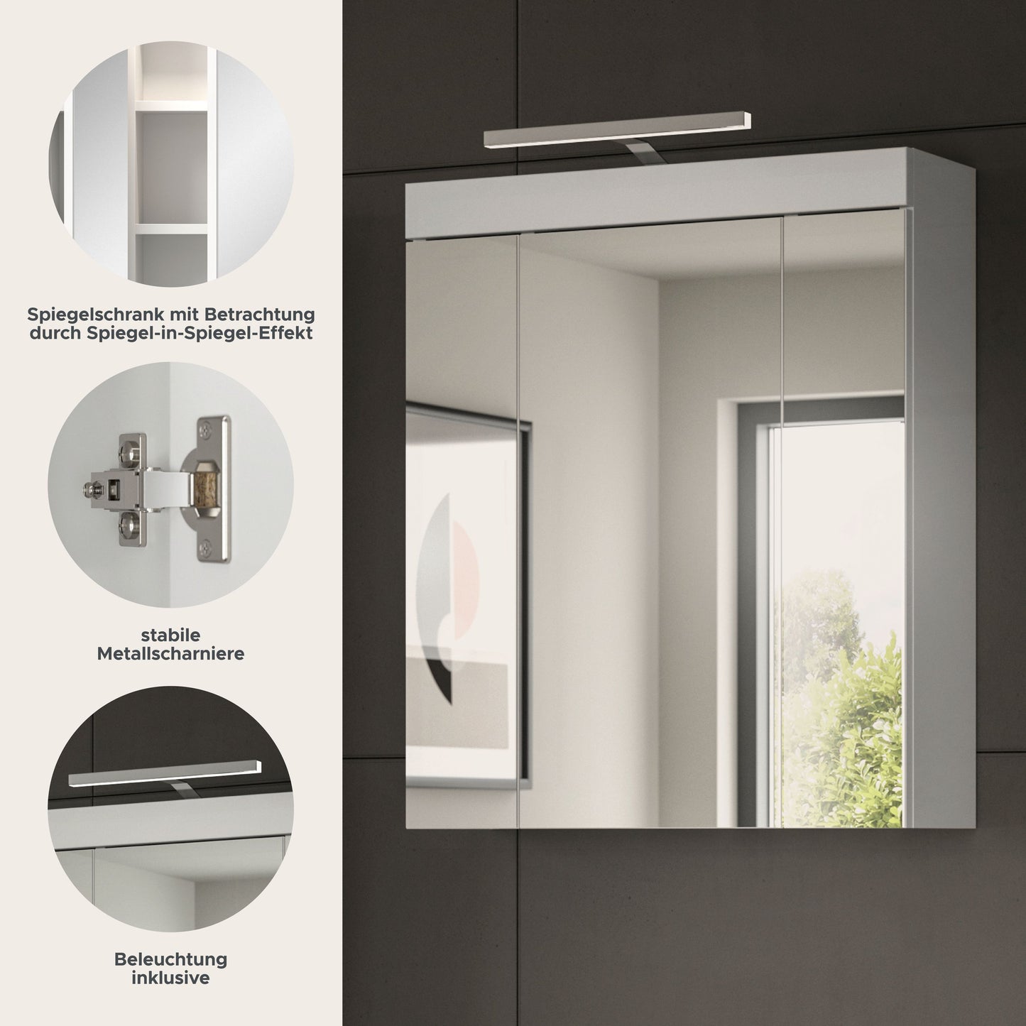 Viana Spiegelschrank inkl. Beleuchtung (B/H/T: 60x70x18 cm) in Spiegelglas und Weiß
