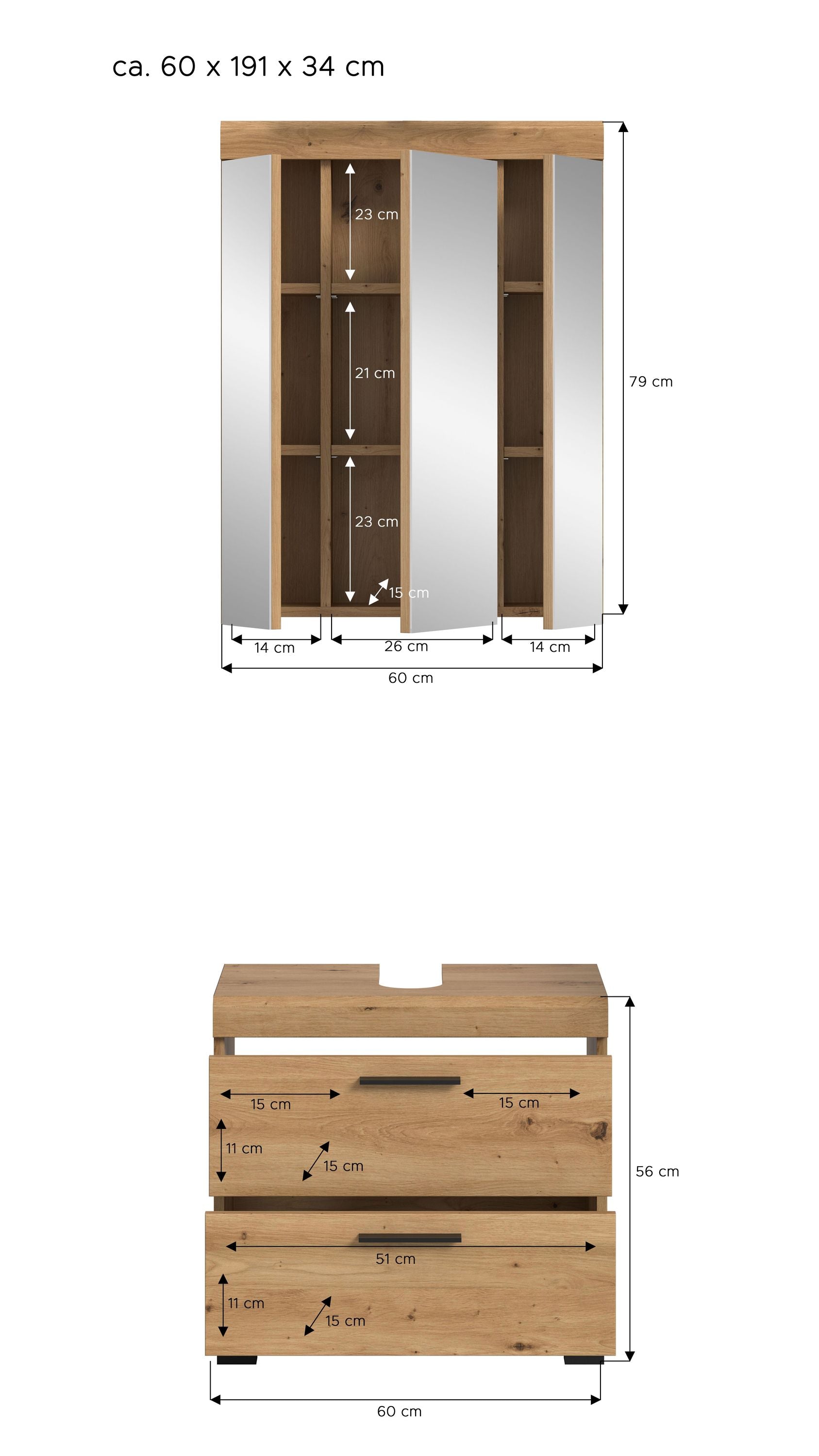 Badschrank mit Schubladen, weißer Korpus, Holzdekorfronten und Griffleisten
