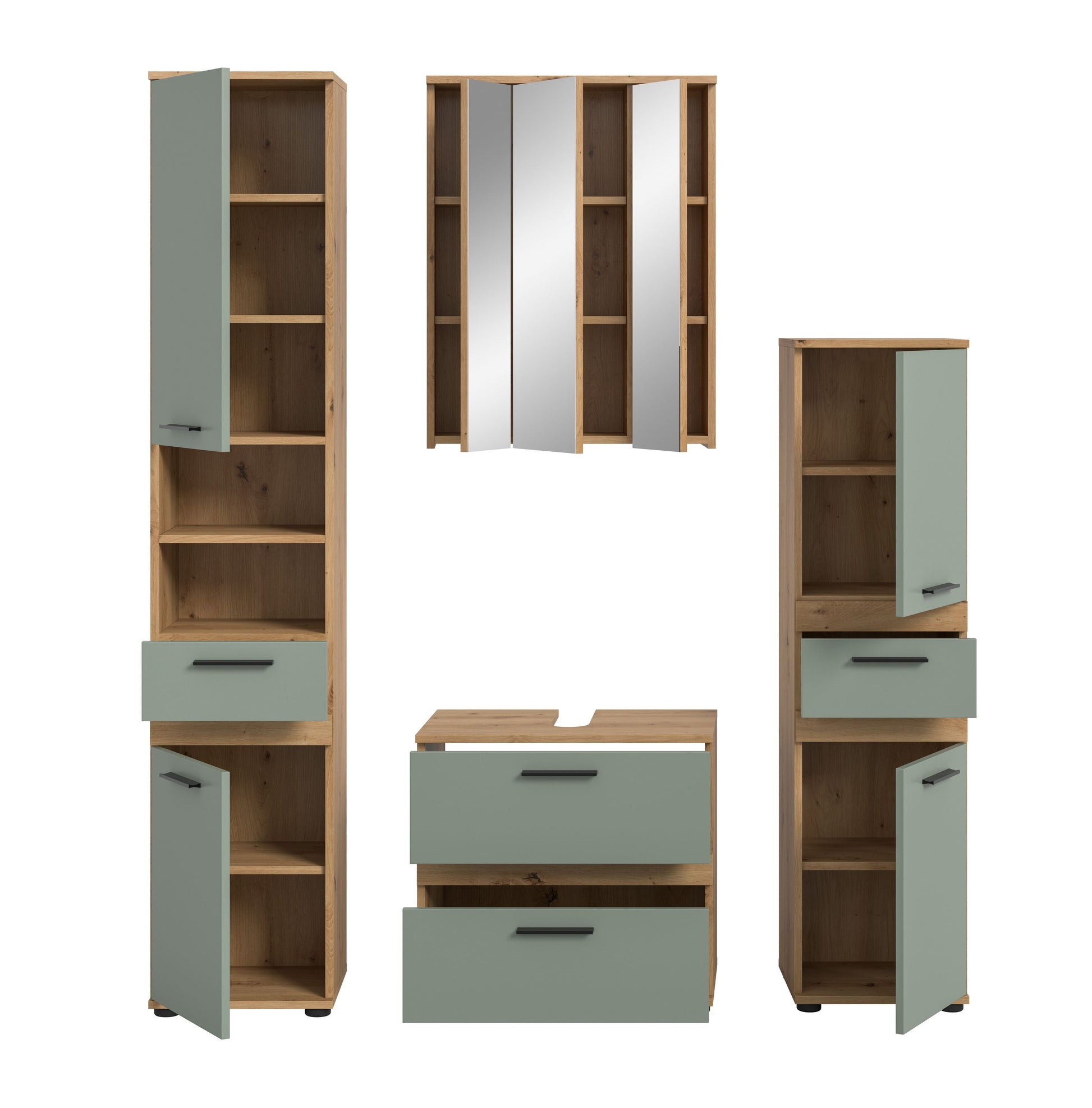 Homes & Jones Badmöbel-Set mit geöffneten Türen: Hochschrank, Spiegel und Schubladen