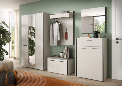 Garderoben-Set 5-tlg. mit Garderobenschrank und Hakenleiste, Sitzbank mit Sitzkissen, Kommode, Spiegel