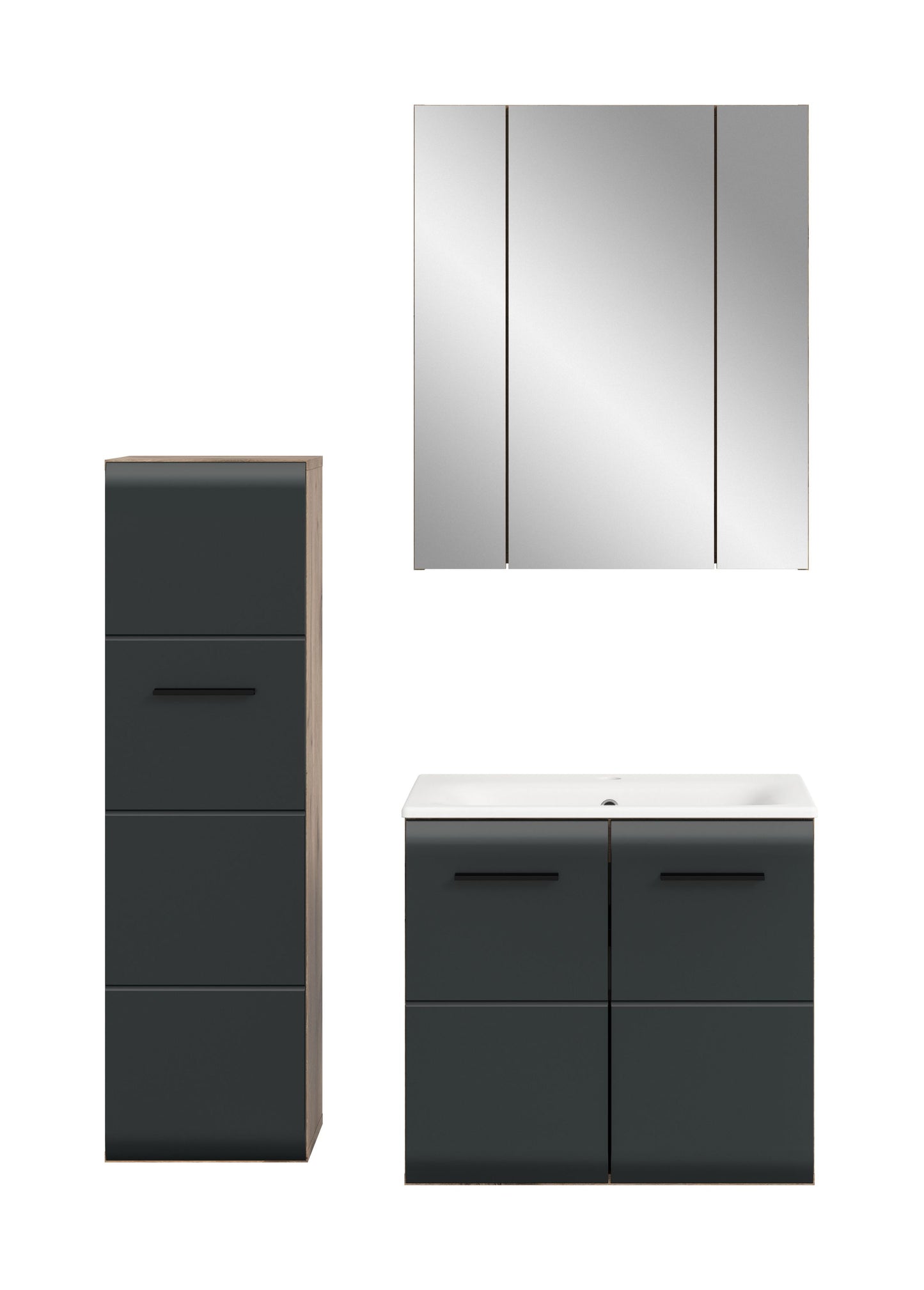 Badezimmermöbel-Set 4-teilig mit Spiegelschrank, Waschtisch-Unterschrank und Hochschrank in dunkelgrau