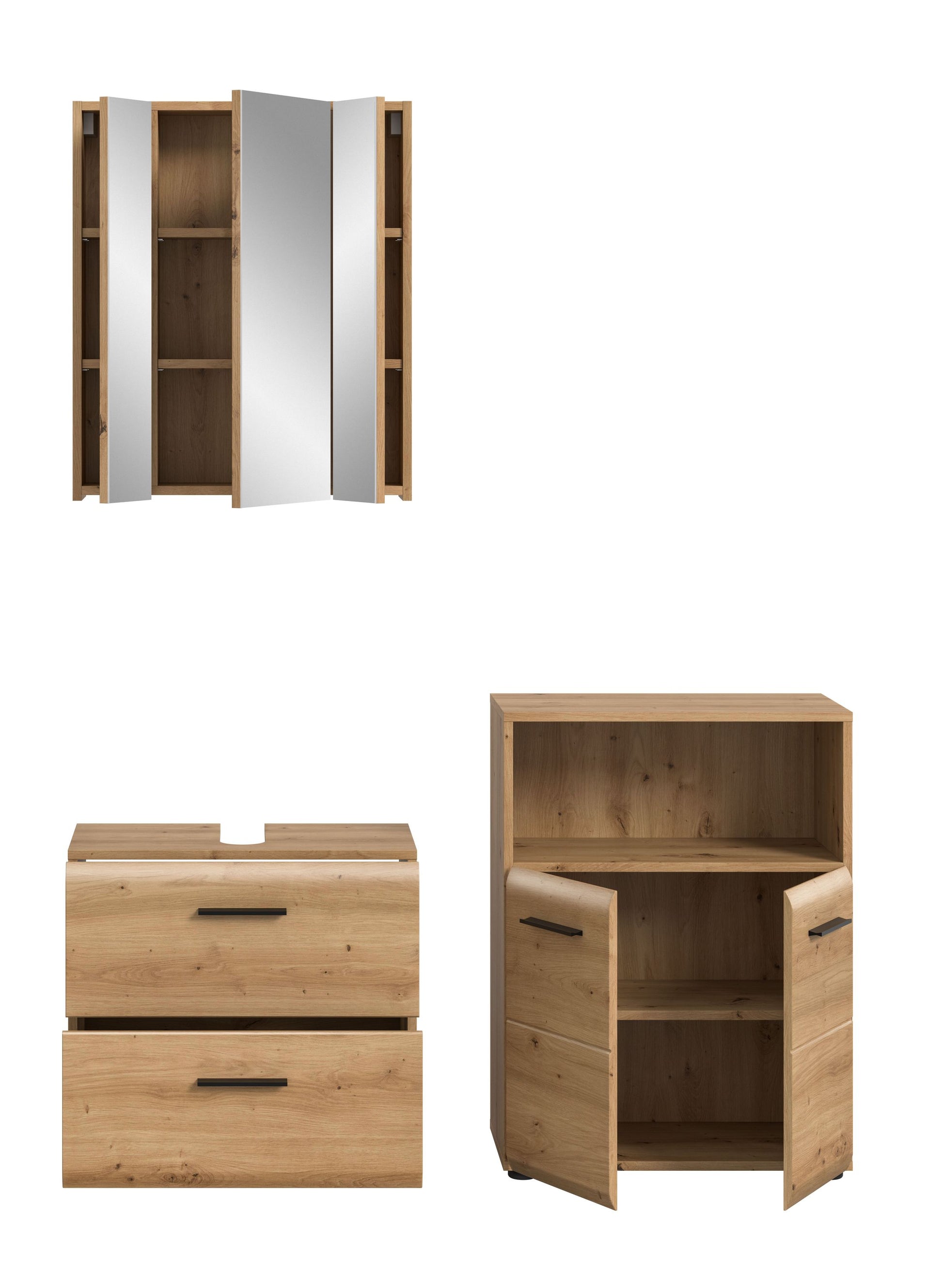 Badmöbel-Set aus hellem Holzdekor mit geöffneter Seitenklappe und Spiegelschrank