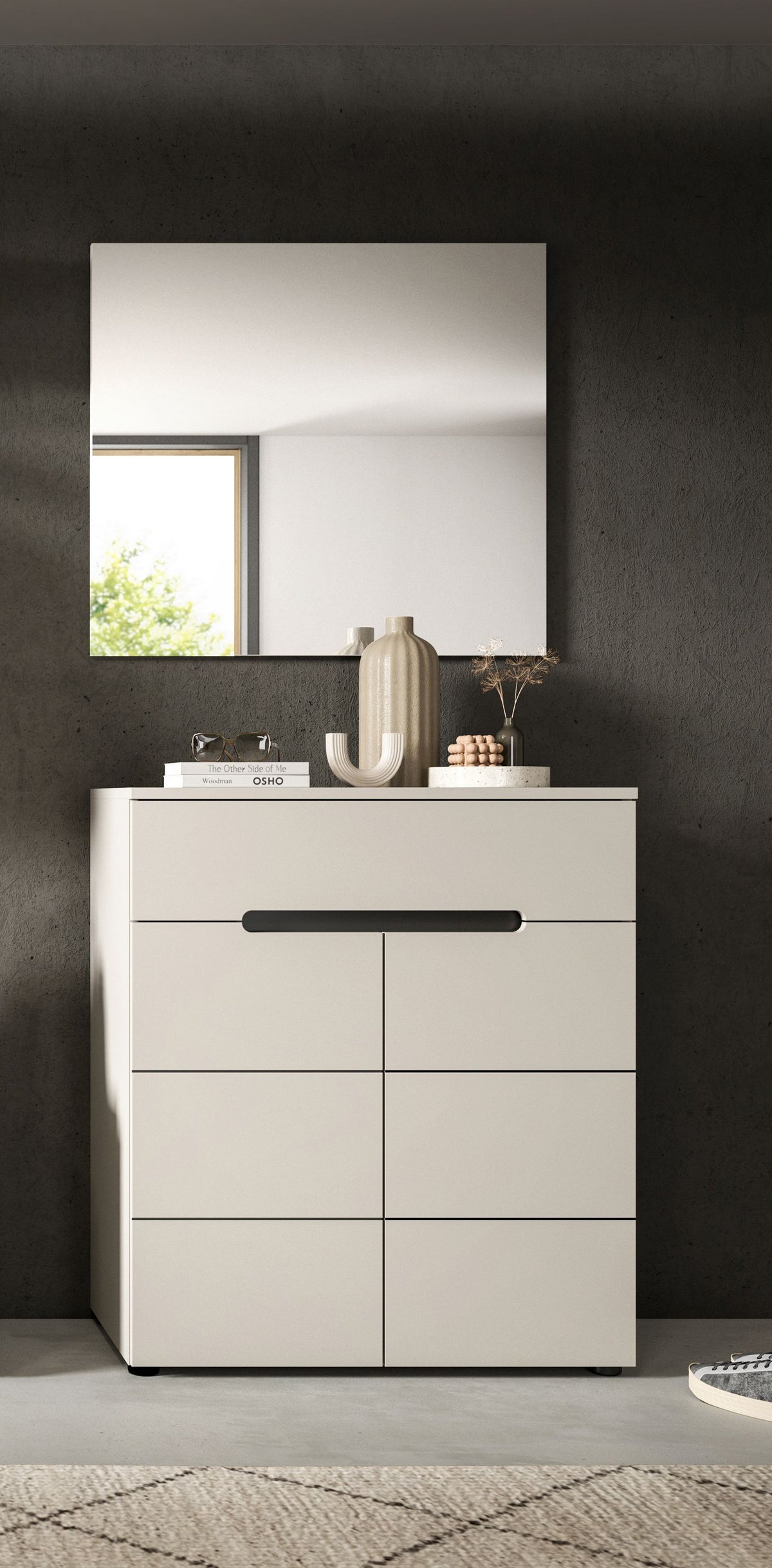 Garderoben-Set mit Spiegel, weißem Sideboard und Schubfächern für Flur-Garderobe mit dunklem Griff