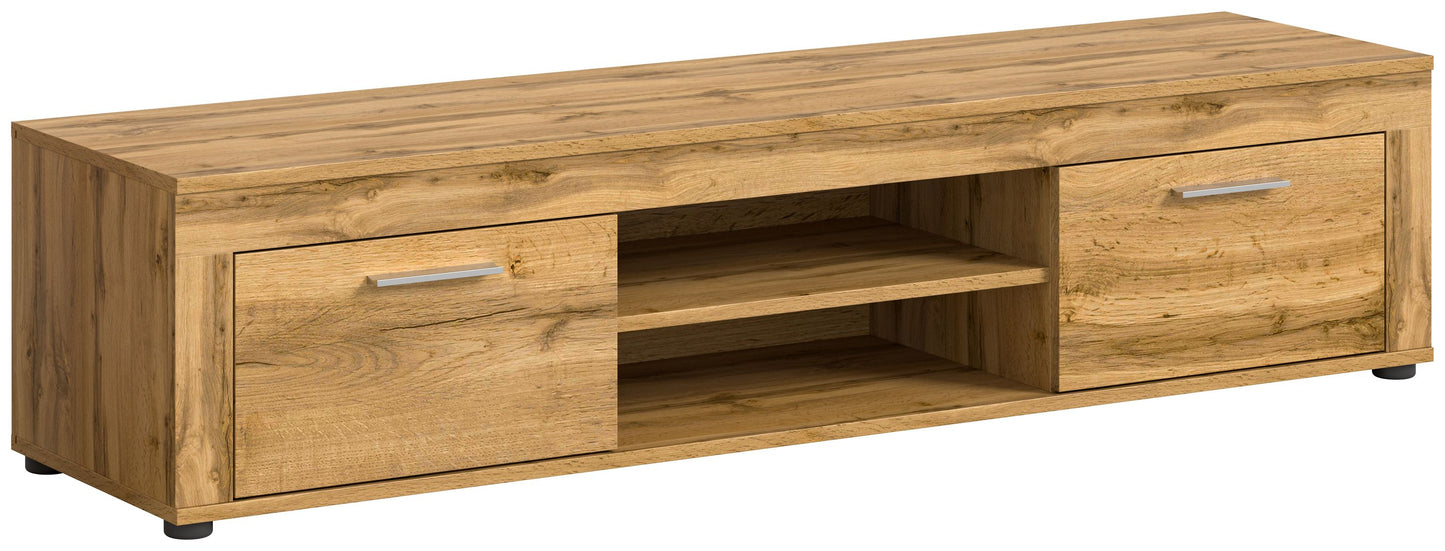 Meuble TV bas JAM (L/H/P : env. 160/37/40 cm) en imitation chêne Wotan/gris
