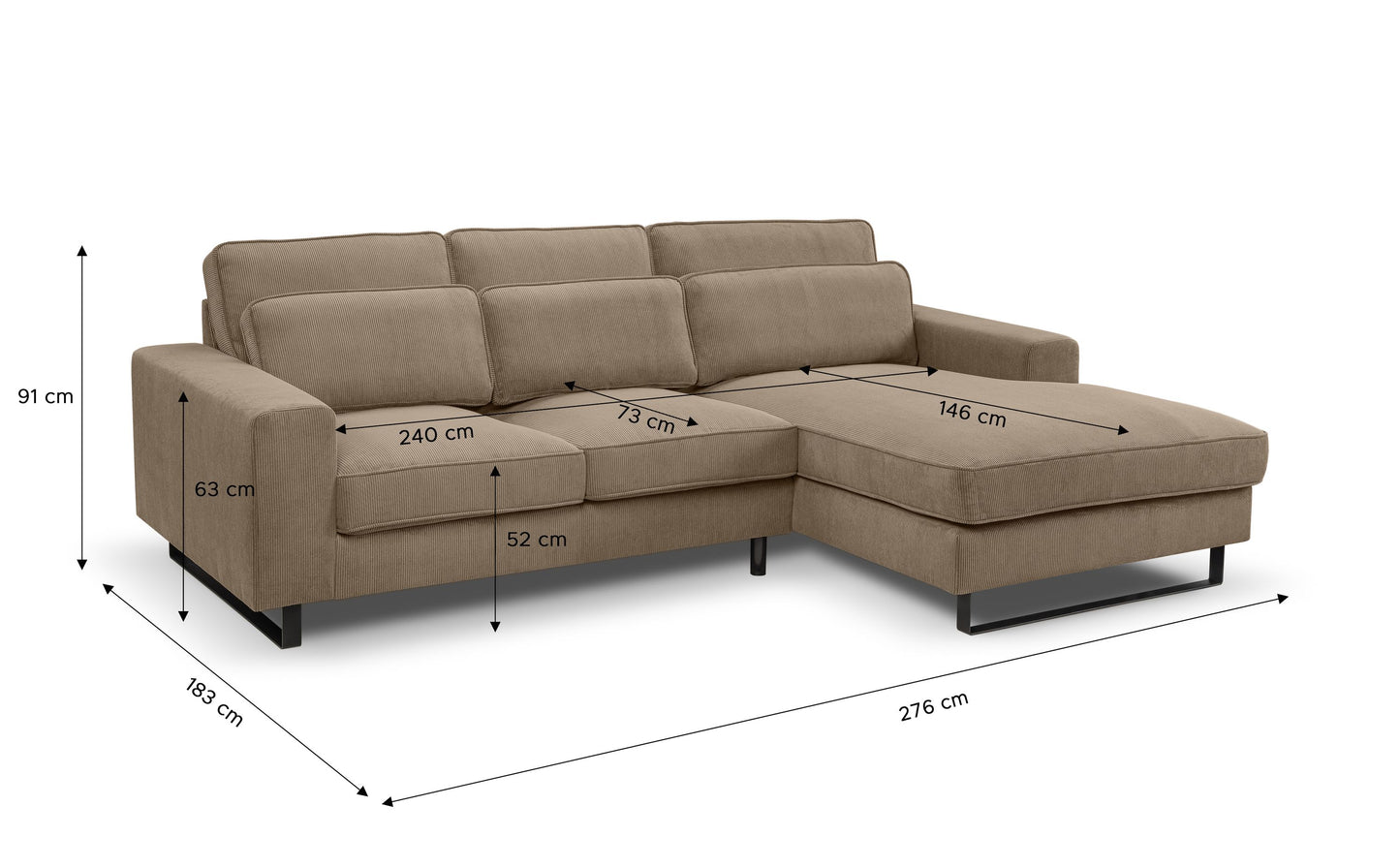 Maßgrafik zum Ecksofa mit Recamiere in Beige: Ansicht von der Seite mit Größenangaben