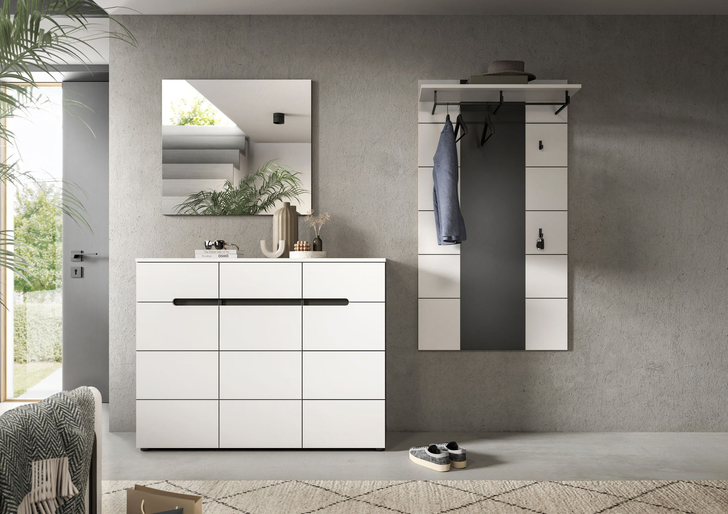 Ensemble de vestiaire CANU (L/H/P : env. 215/190/37 cm) en gris basalte/vert fumée