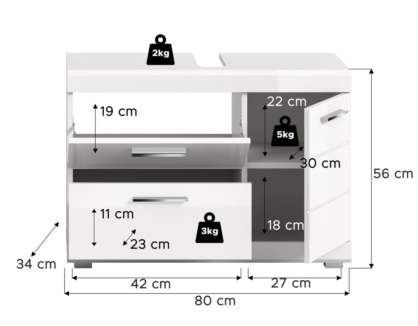 Scout Waschbeckenunterschrank  (B/H/T: 80x56x34 cm) in Weiß hochglanz und Weiß