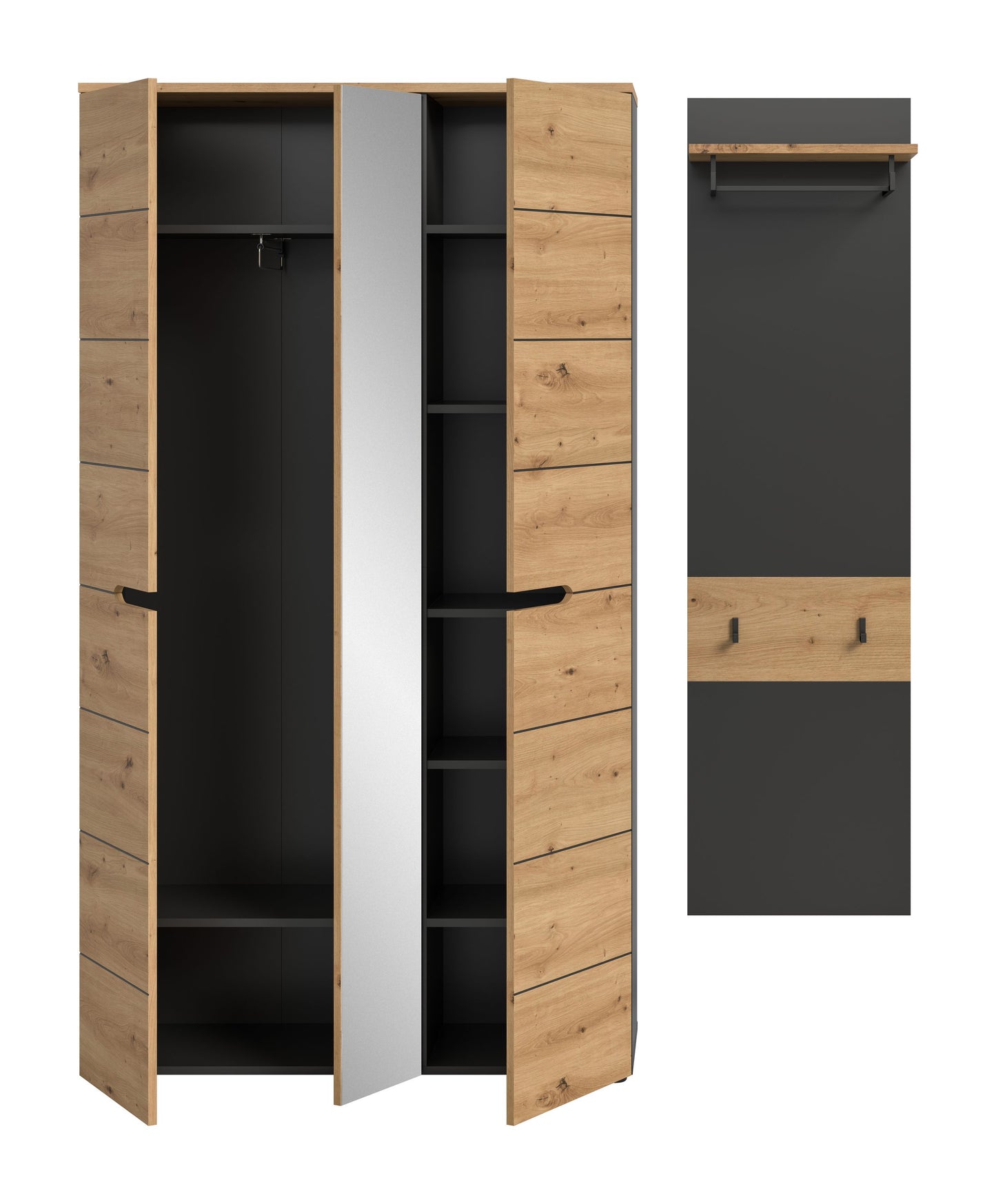 Garderobenschrank offen: Innenfächer und Kleiderstange, Spiegeltür mit hellem Holzdekor