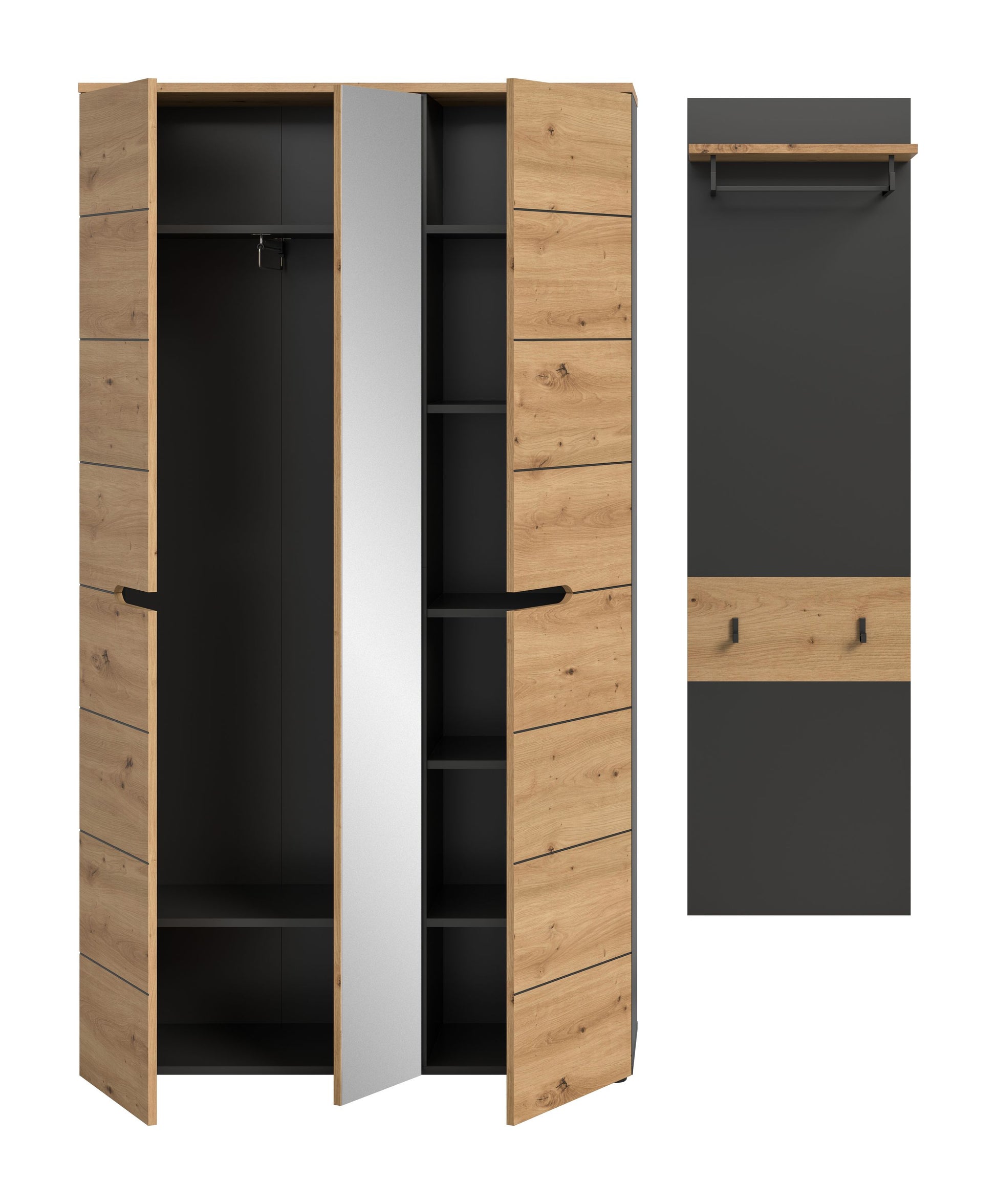 Garderobenschrank offen: Innenfächer und Kleiderstange, Spiegeltür mit hellem Holzdekor