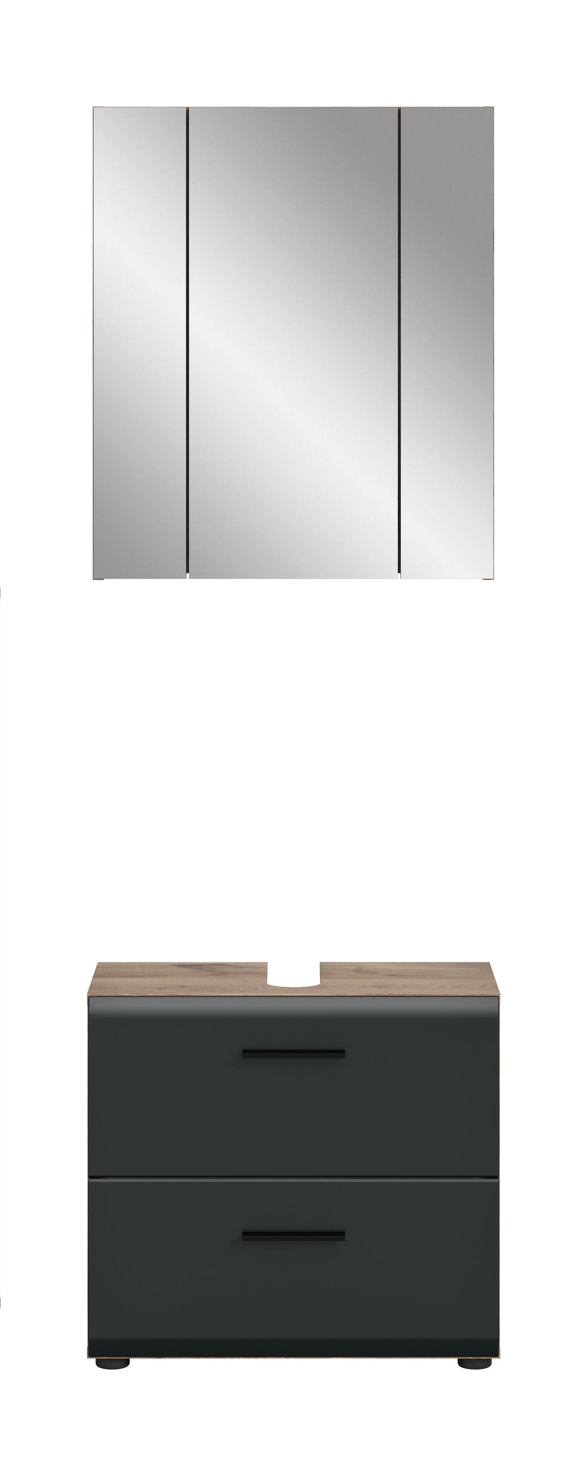 Badmöbelset mit Spiegelschrank und Waschtischunterschrank, dunkelgrau, 2 Schübe