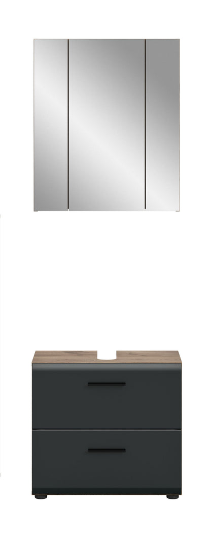 Badmöbelset mit Spiegelschrank und Waschtischunterschrank, dunkelgrau, 2 Schübe