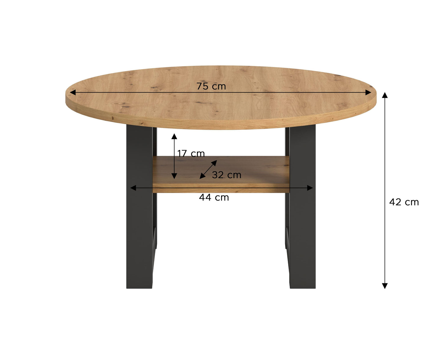 Runder Couchtisch Eiche Artisan mit Maßen: 75 cm Breite, 42 cm Höhe, Ablageboden