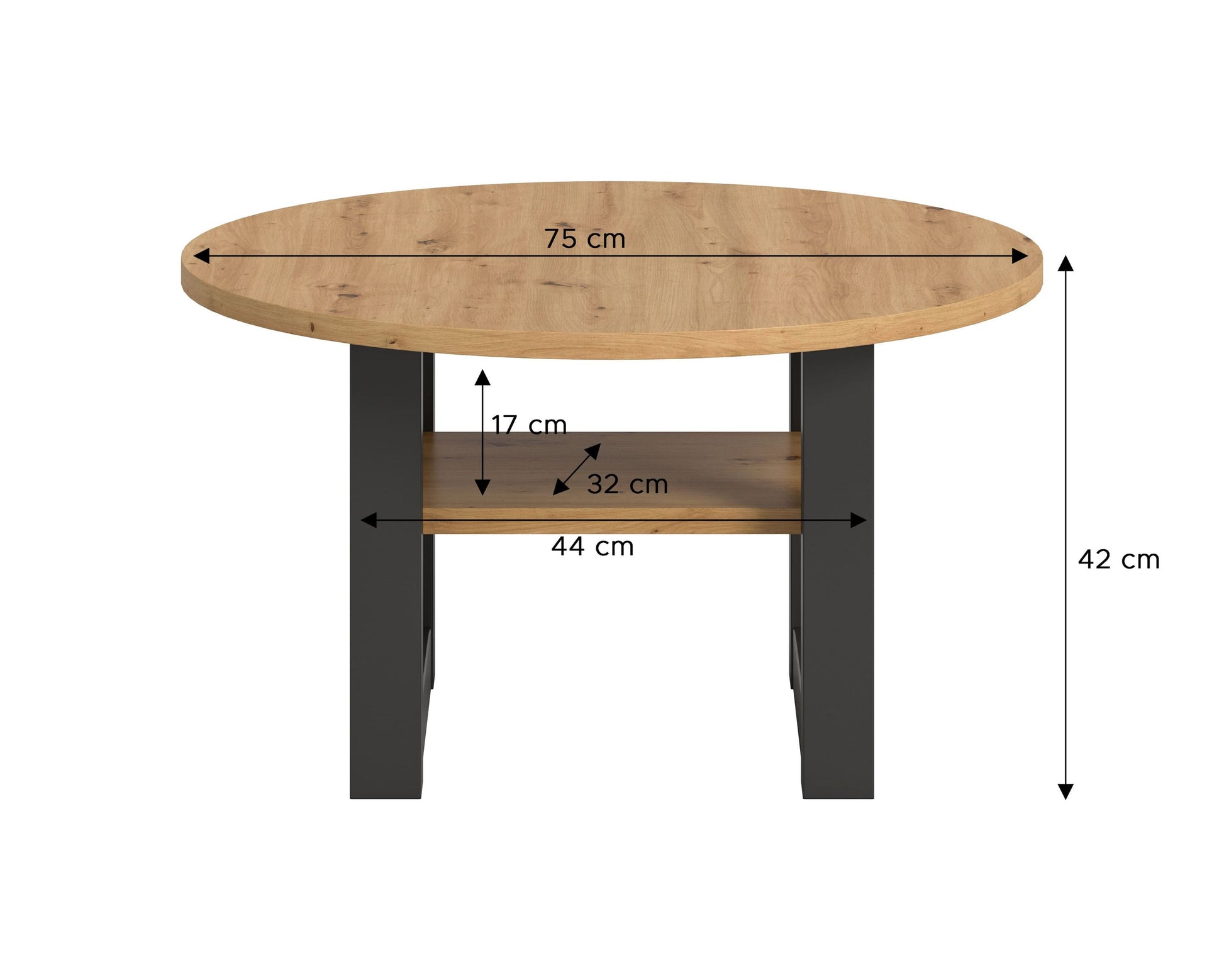 Runder Couchtisch Eiche Artisan mit Maßen: 75 cm Breite, 42 cm Höhe, Ablageboden