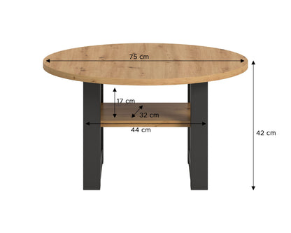 Runder Couchtisch Eiche Artisan mit Maßen: 75 cm Breite, 42 cm Höhe, Ablageboden