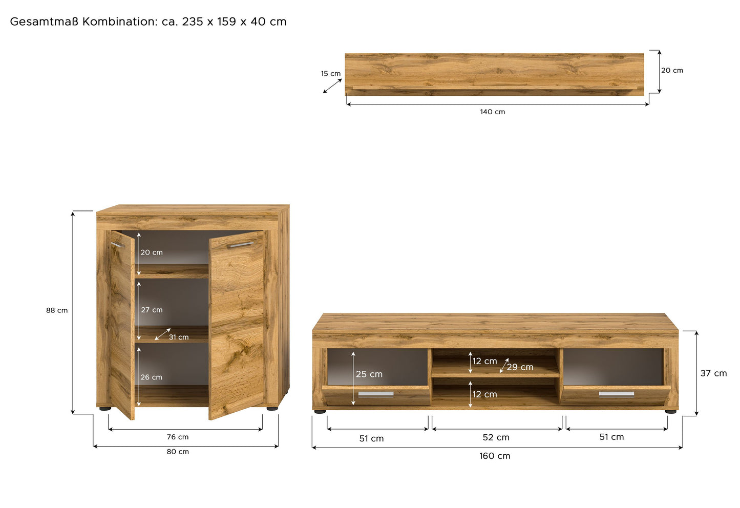 Meuble TV JAM (L/H/P : env. 255/159/40 cm) en imitation chêne Wotan/gris